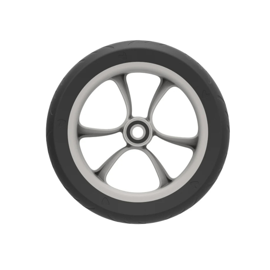 A black rubber tire with a silver, five-spoke wheel rim, shown side view on white—perfect as a Spare Parts - byAcre Carbon Ultralight Rollator replacement or for rollator maintenance.